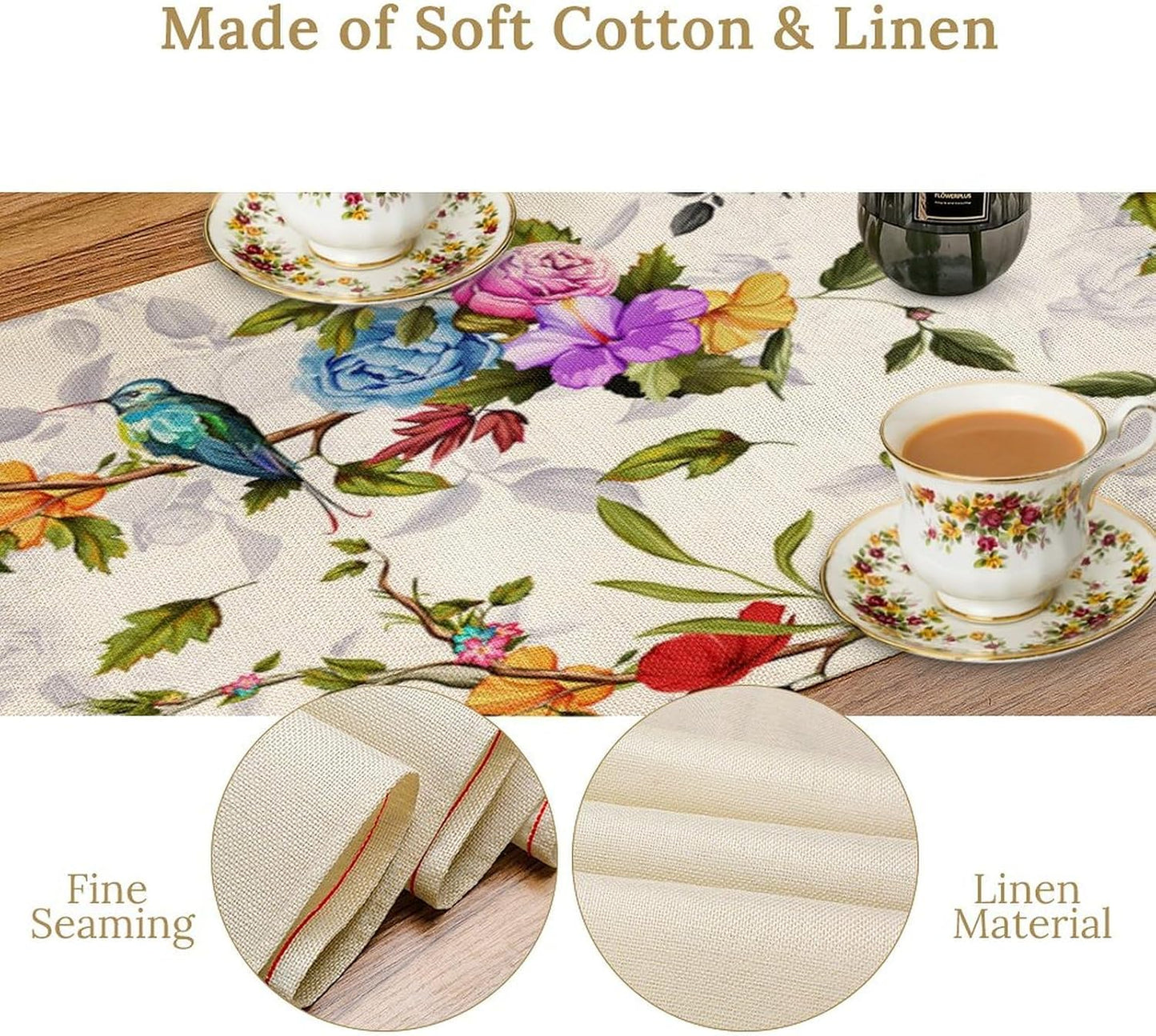 Vintage Bird Flower Table Runner Seasonal Spring Summer Garden Plants Farmhouse Country Kitchen Dinner Runner Dining Table Decoration for Home Party Holiday 13"x120"