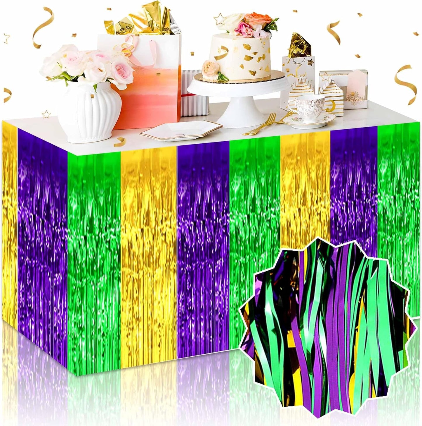 3 Pack 29 x108 Inch Gold Green Purple Foil Fringe Table Skirts Metallic Banner for Tinsel Streamer Garland Backdrop for Parade Floats Mother's Day, Graduate, Birthday, Wedding Party Decoration