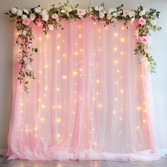 Tulle Backdrop Curtain with Lights String 10FT X 8FT Pink Sheer Tulle Backdrop Curtains for Wedding Birthday Party Reception Photo Booth Background Decorations (2 Panels 5x8FT)