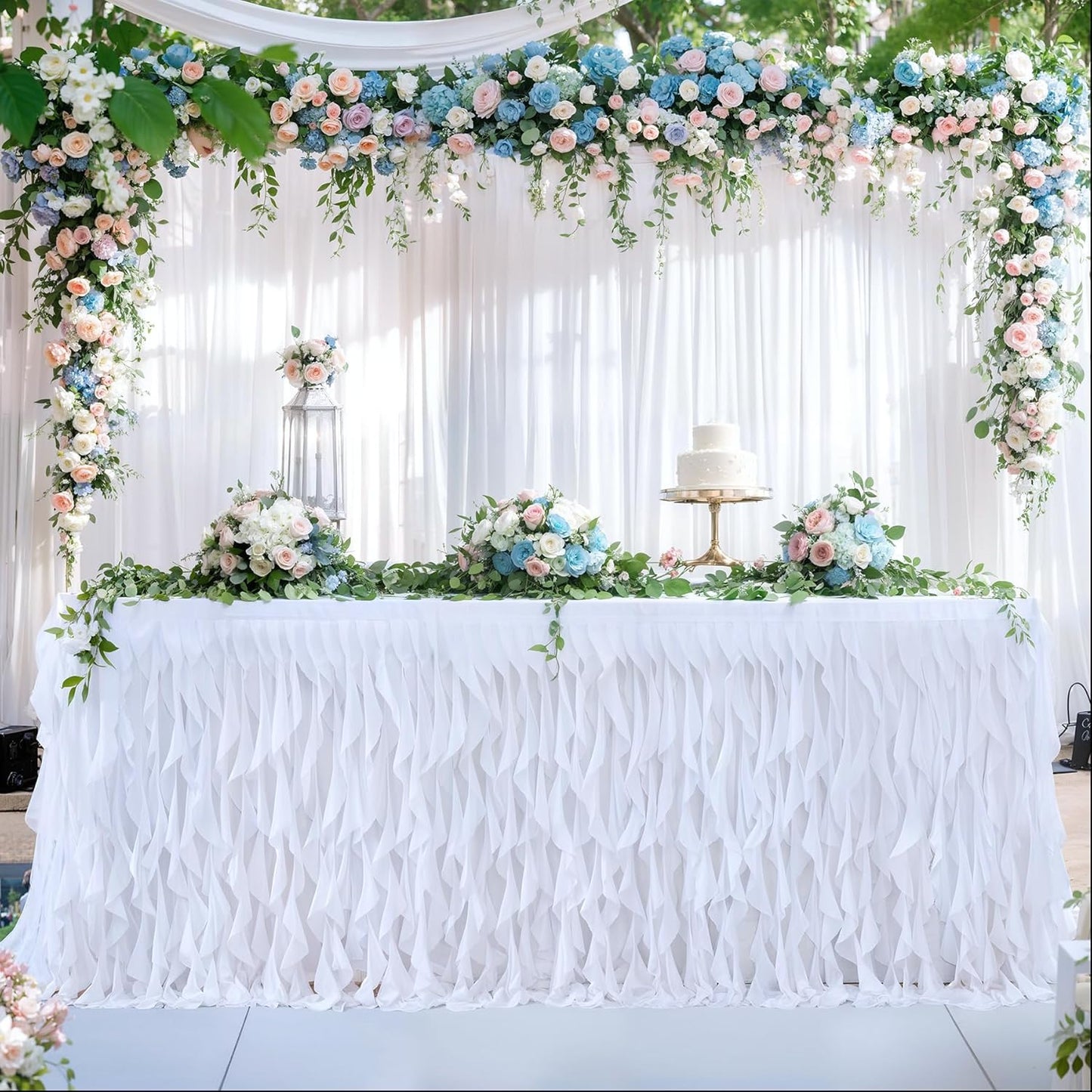 Partisky White Tulle Curly Willow Table Skirt for Rectangle Table 9ft, Ruffle Tutu Table Cloth for Wedding,Bridal Shower, Baby Shower,Birthday Party