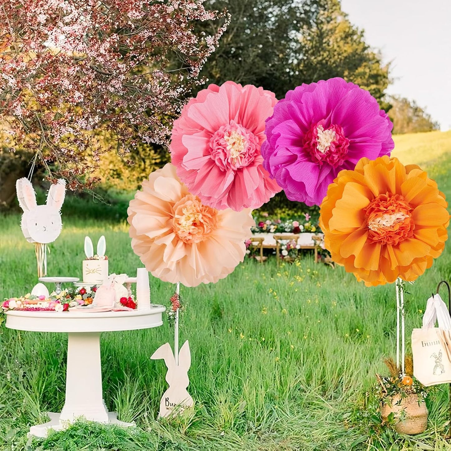 SUNBEAUTY 4 PCS 20" Hot Pink Orange Fall Birthday Party Decorations Giant Paper Flowers Large Crepe Tissue Pompoms Sunset Autumn Women Girls DIY for Wedding Backdrop Bridal Baby Shower Thanksgiving