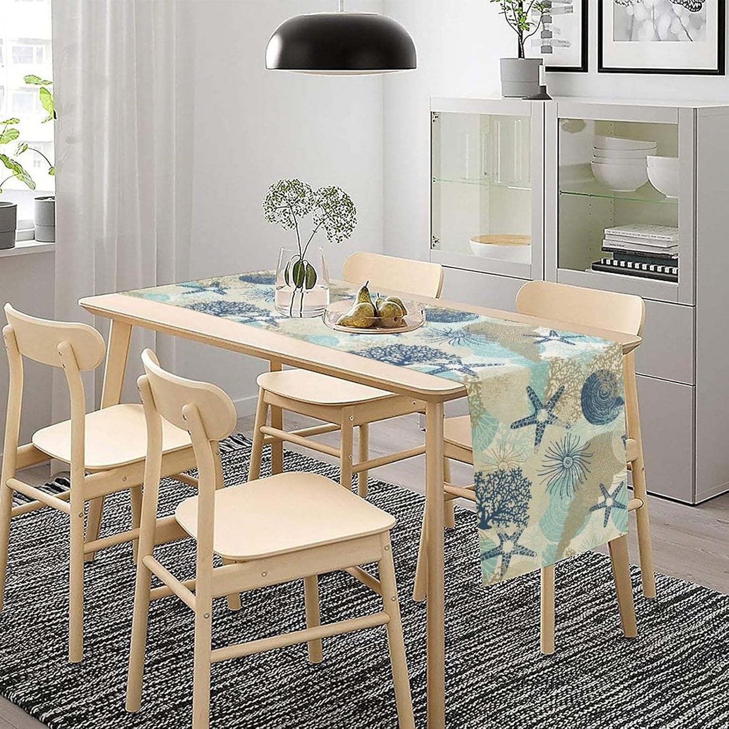 Nautical Coastal Table Runner，Ocean Themed Starfish Coral Conch Beach Kitchen Dinning Table Decoration for Indoor Outdoor Home Party Decor 13x90 Inch