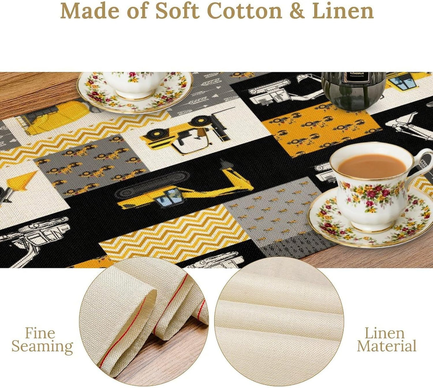 Excavator Table Runner,Boys Kids Construction Vehicles Equipment Trucks Cartoon Car Tablecloth Burlap for Hotel Indoors Outdoor Dining Room Kitchen Holiday Party, 13x36in