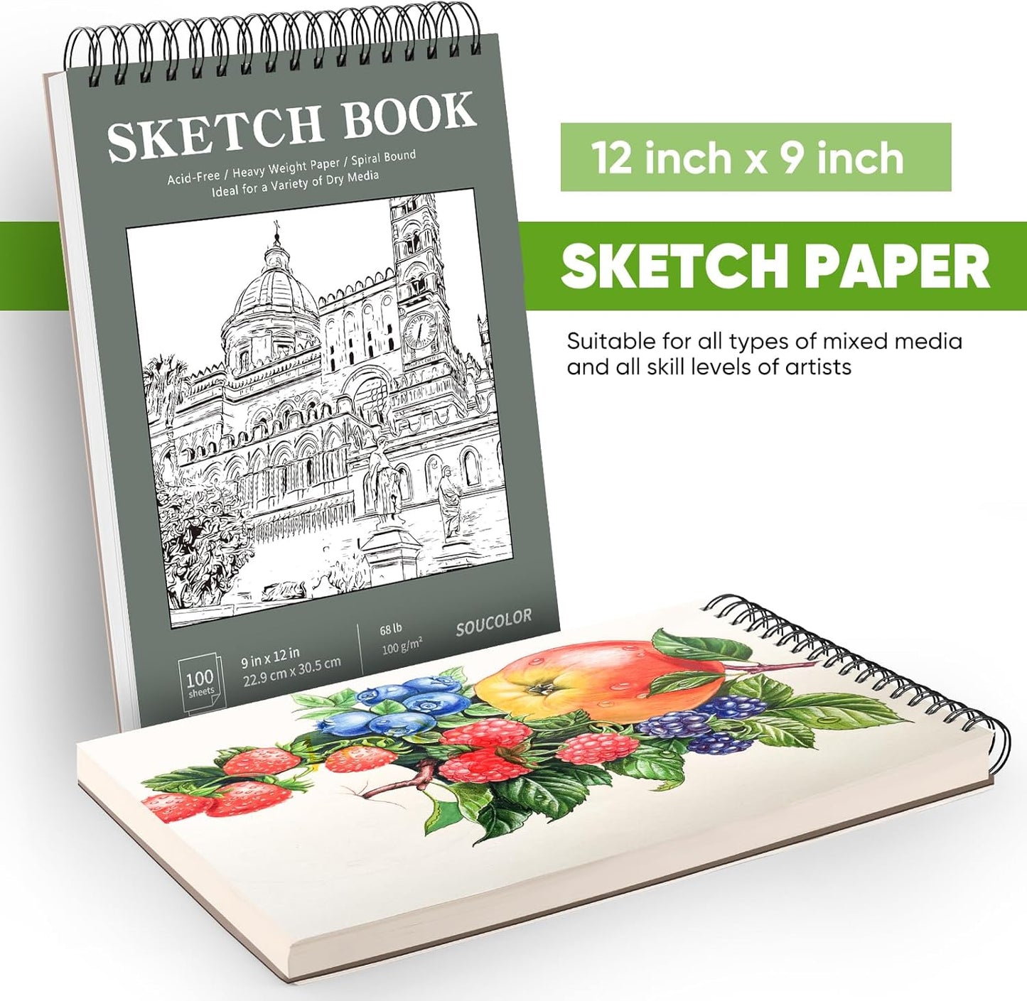 Soucolor 9" x 12" Sketch Book, Back to School Supplies, 1-Pack 100 Sheets Spiral Bound Art Sketchbook, Acid Free (68lb/100gsm) Artist Drawing Book Paper Painting Sketching Pad, College Essentials