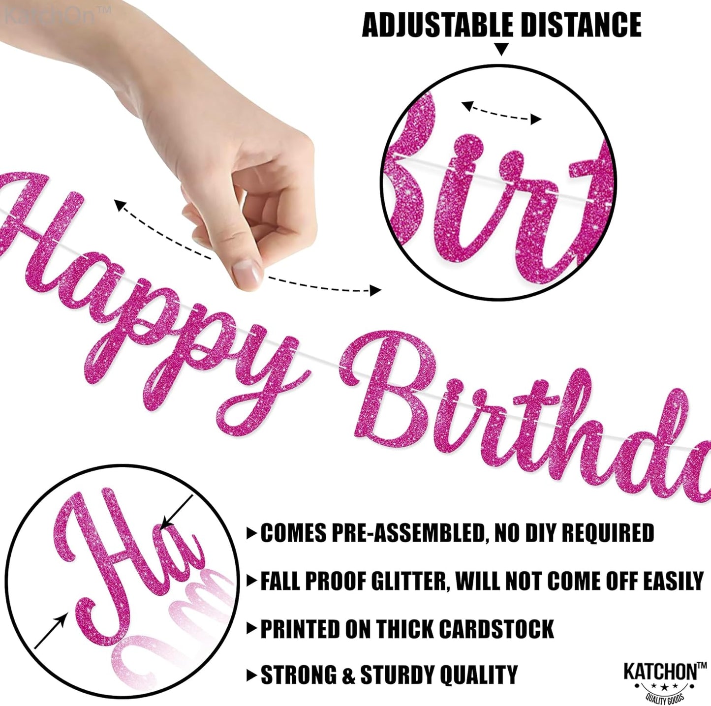 KatchOn, Glitter Pink Cursive Happy Birthday Banner - Pre-Strung, 10 Feet | Birthday Decorations for Women, Girls | Hbd Banner Backdrop For Pink Birthday Decorations, Happy Birthday Sign