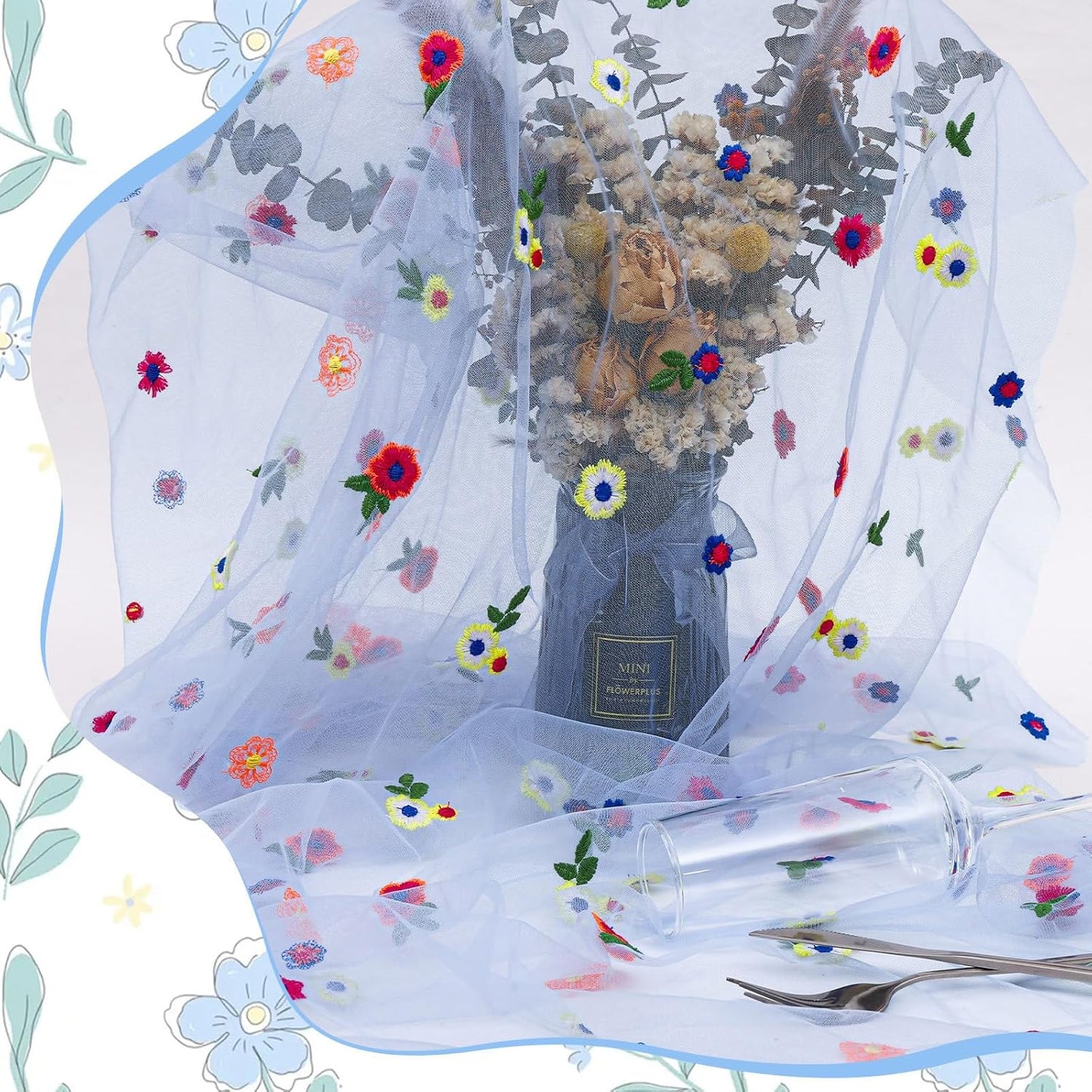 BINBE 12pcs Daisy Fall Table Runner Embroidery Gauze 10FT Florals Seasonal Tulle Holiday Birthday Kitchen Dining Table Decor for Home Party Blue