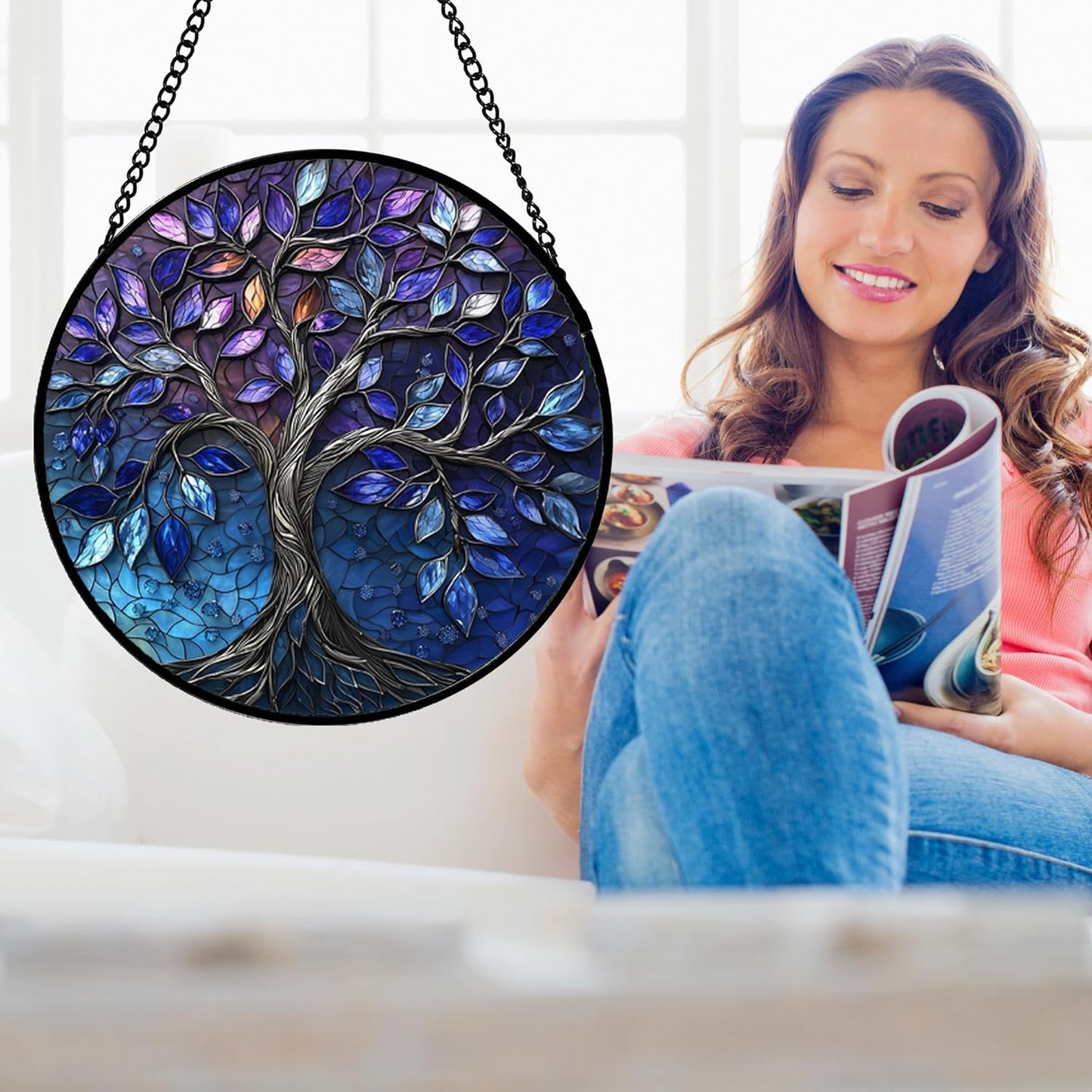 Stained Glass Window Hanging, Blue Purple Tree of Life Sun Catchers Colorful Glass Panel Plants Suncatcher Decor for Birthday for Women,Men,Wife, Lovers, and Mom 14.9x14.9 in