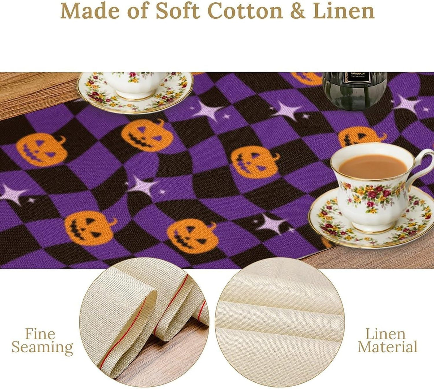 Halloween Table Runner,Purple Checkered Pumpkin Table Runner for Kitchen Dining Table Decoration Home Party Decor 13x36 Inch