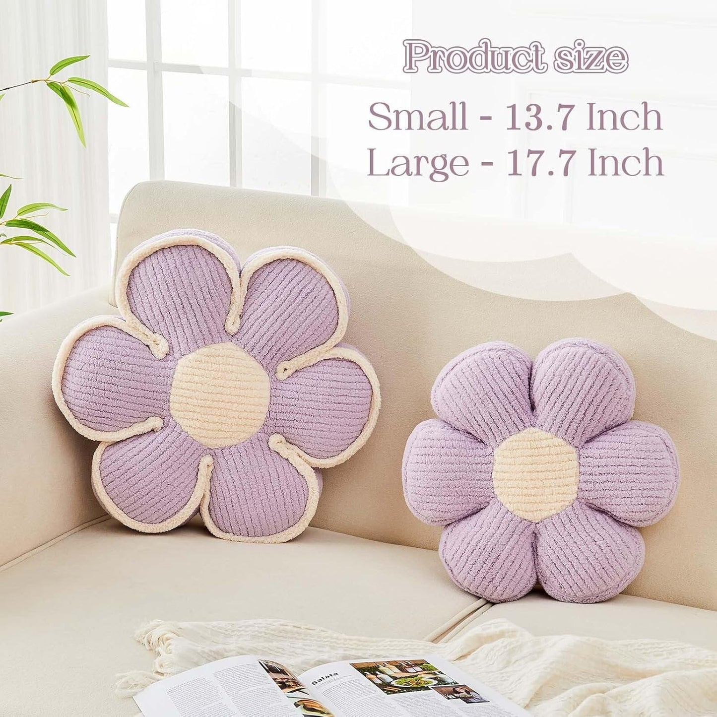 Flower Pillow, Soft Flower Decorative Throw Pillow, Cute Daisy Flower Shaped Seating Floor Cushion Room Décor Plush Pillows for Sofa Couch Bed (13.7 Inch, Lavender)
