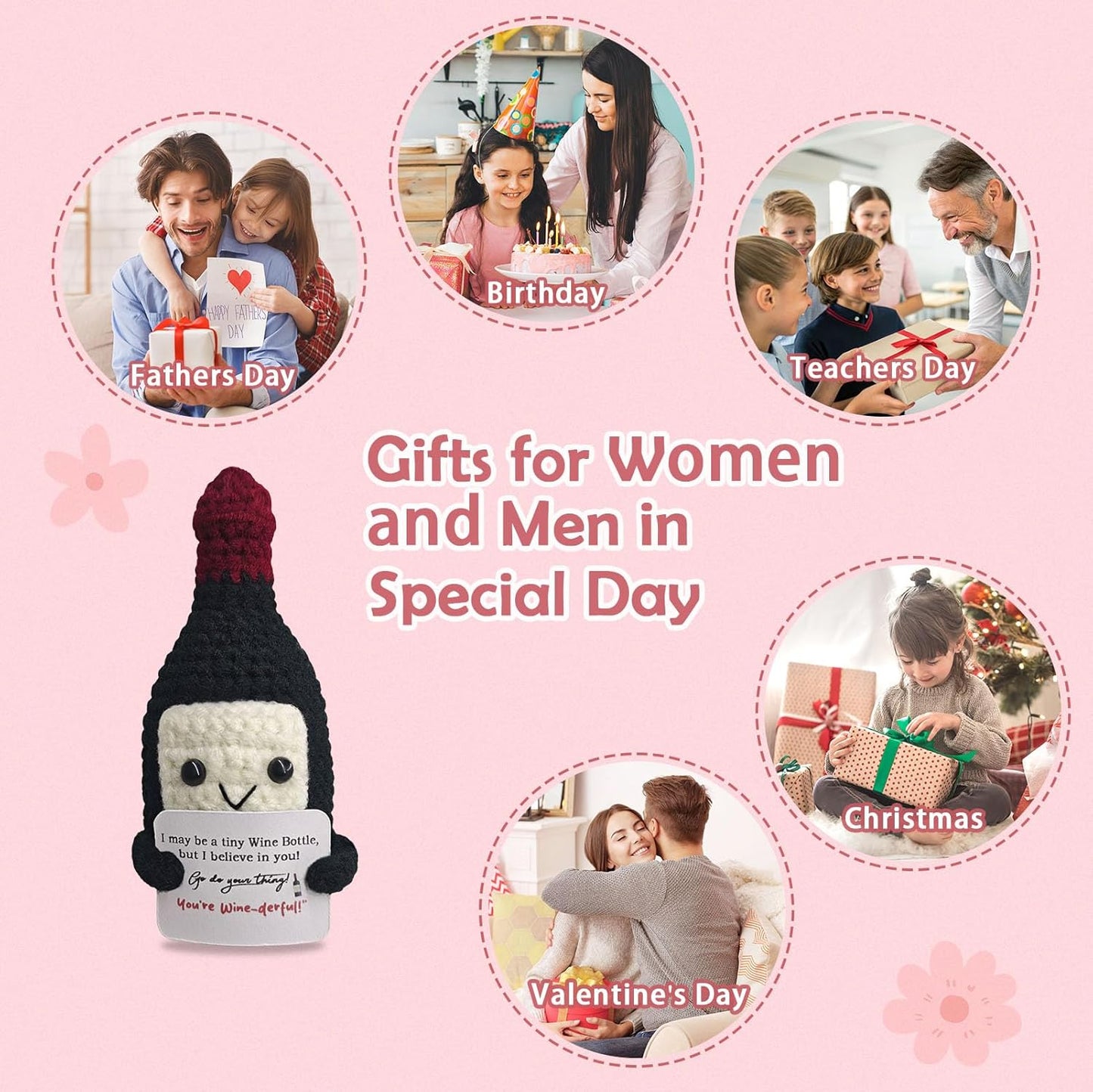 Funny Crochet Mini Wine Gift,Birthday Gift for Wine Lovers,Emotional Support Crochet,Cute Handmade Positive Crochets,Home Bar Happy Hour Accessories for Men Women Drinkers,Housewarming Gifts