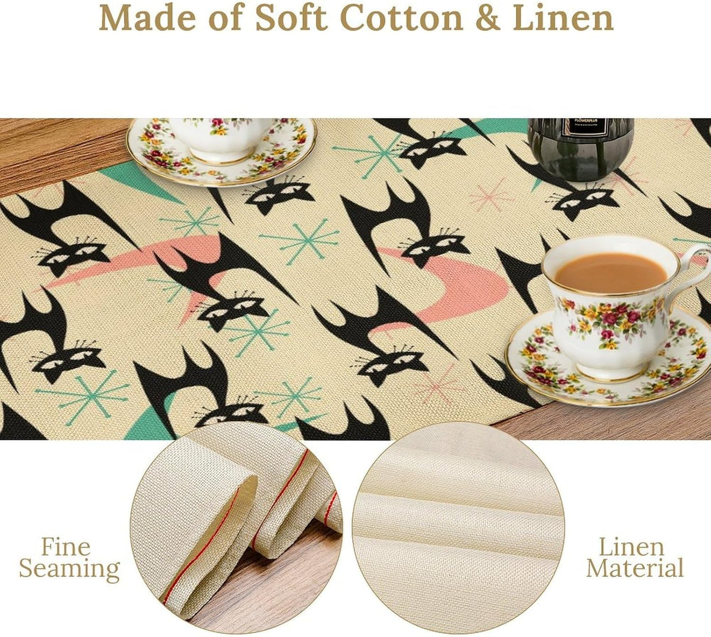 Mid Century Table Runner,Cat Geometric Stripe Colorful Abstract Pattern Print Tablecloth Burlap for Hotel Indoors Outdoor Dining Room Kitchen Holiday Party, 13x80in