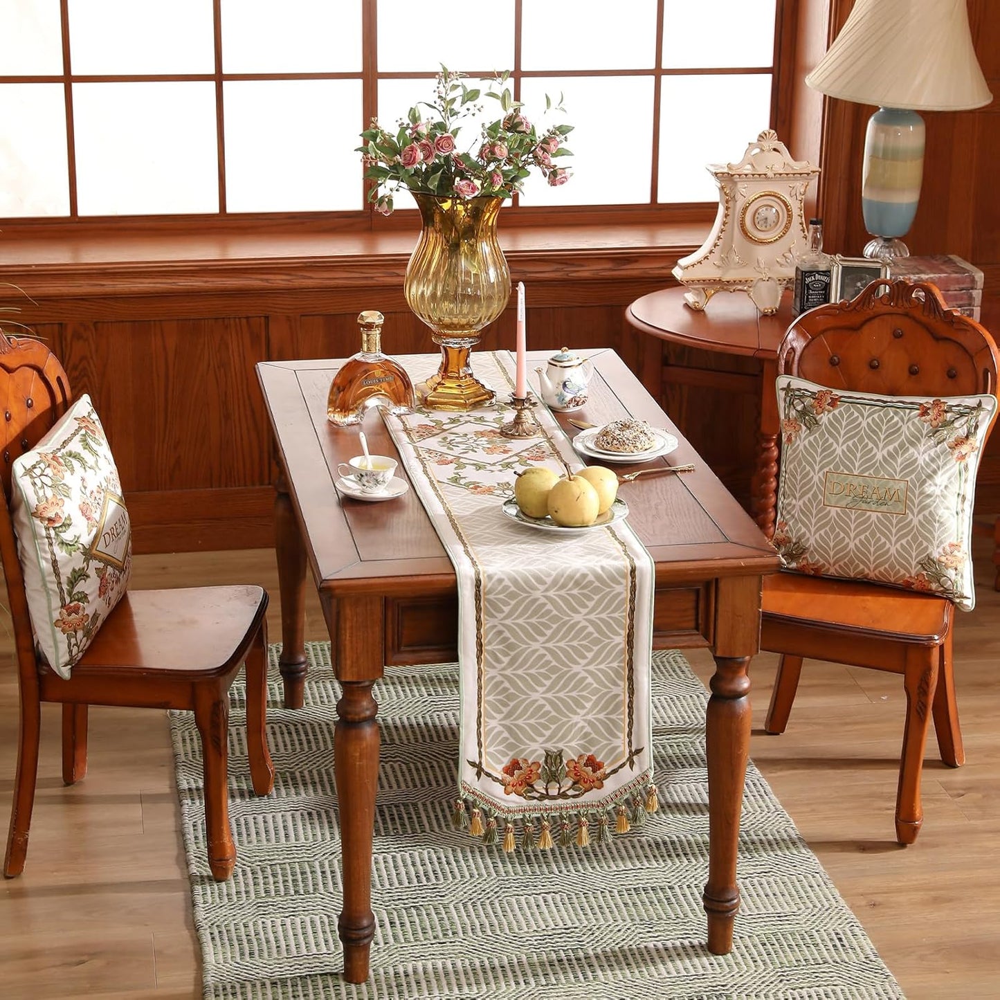 patdrea Designer Elegant French Floral Velvet Table Runner 102 Inch Long,Green with Orange Blossoms Pattern Table Mat, Decor for Kitchen Dining Coffee Table Cabinet Banquet Thanksgiving,12"*102"