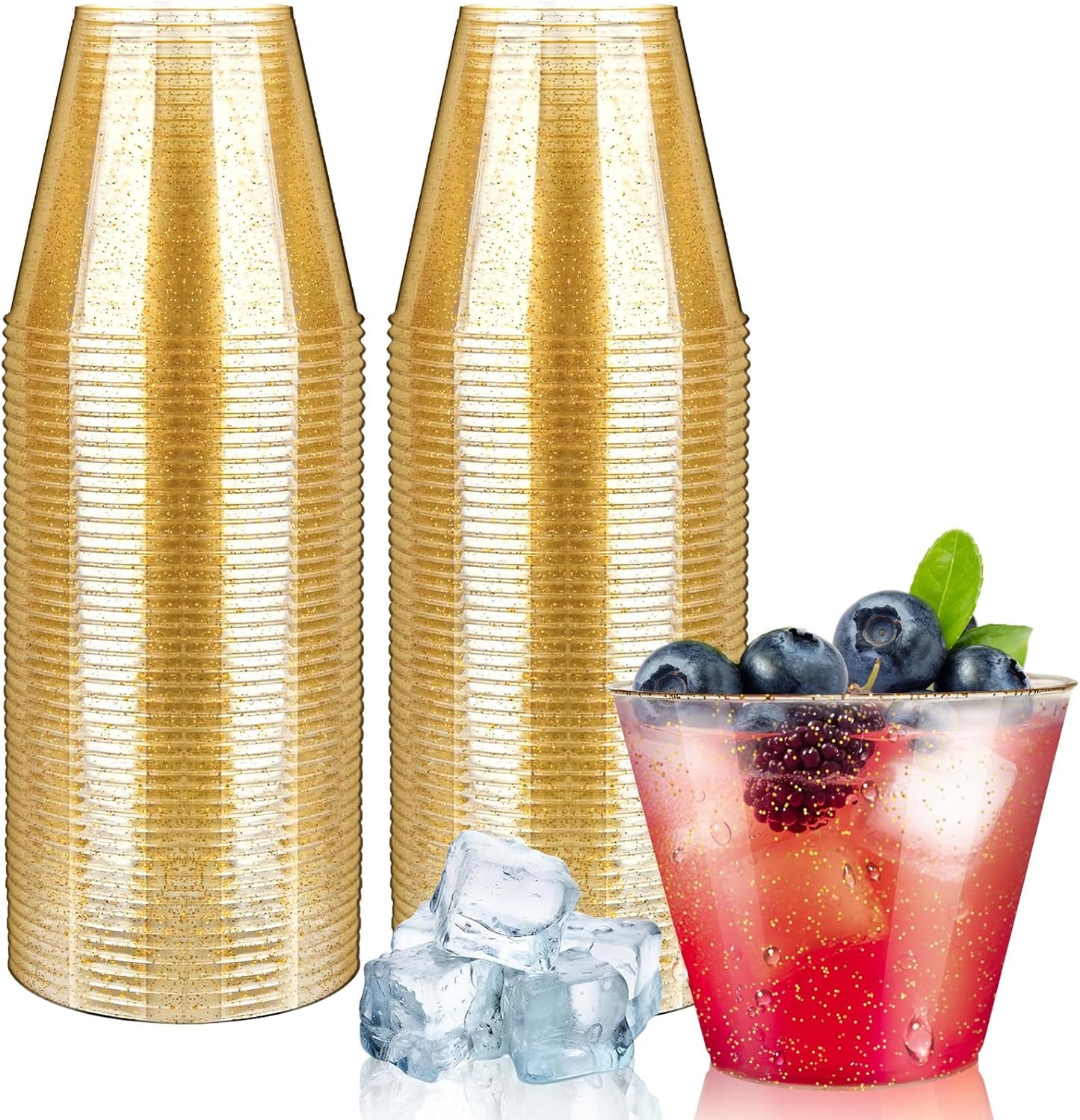 [100 Pack] 9oz Plastic Cups with Gold Glitter Sturdy & Food Safe Disposable Wine Glasses Party Wedding Cups Disposable Drinking Cups Plastic Cocktail Glasses for Wine, Cocktails & Cold Beverages
