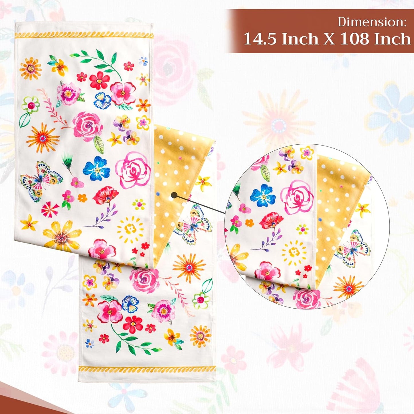 Maison d' Hermine Table Runner 100% Cotton Double Layer Table Runners 108 inches Long Decorative for Home Dining Party Wedding Bridal Shower Spring Summer (Happy Florals - Sweety, 14.50" x 108")