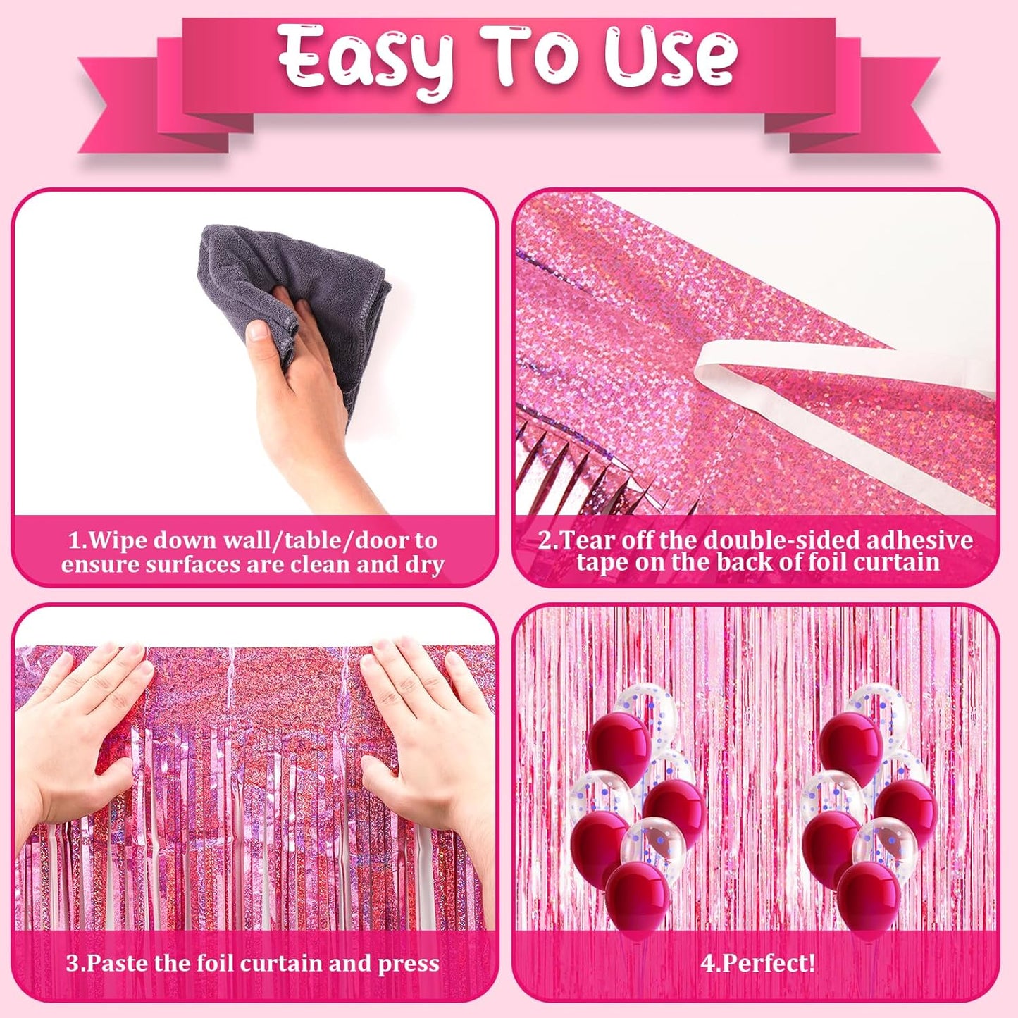 4 Pack 3.3x8.2 Feet Laser Pink Foil Fringe Backdrop Curtains, Tinsel Streamers Birthday Party Decorations, Fringe Backdrop for Graduation, Baby Shower, Gender Reveal, Disco Party