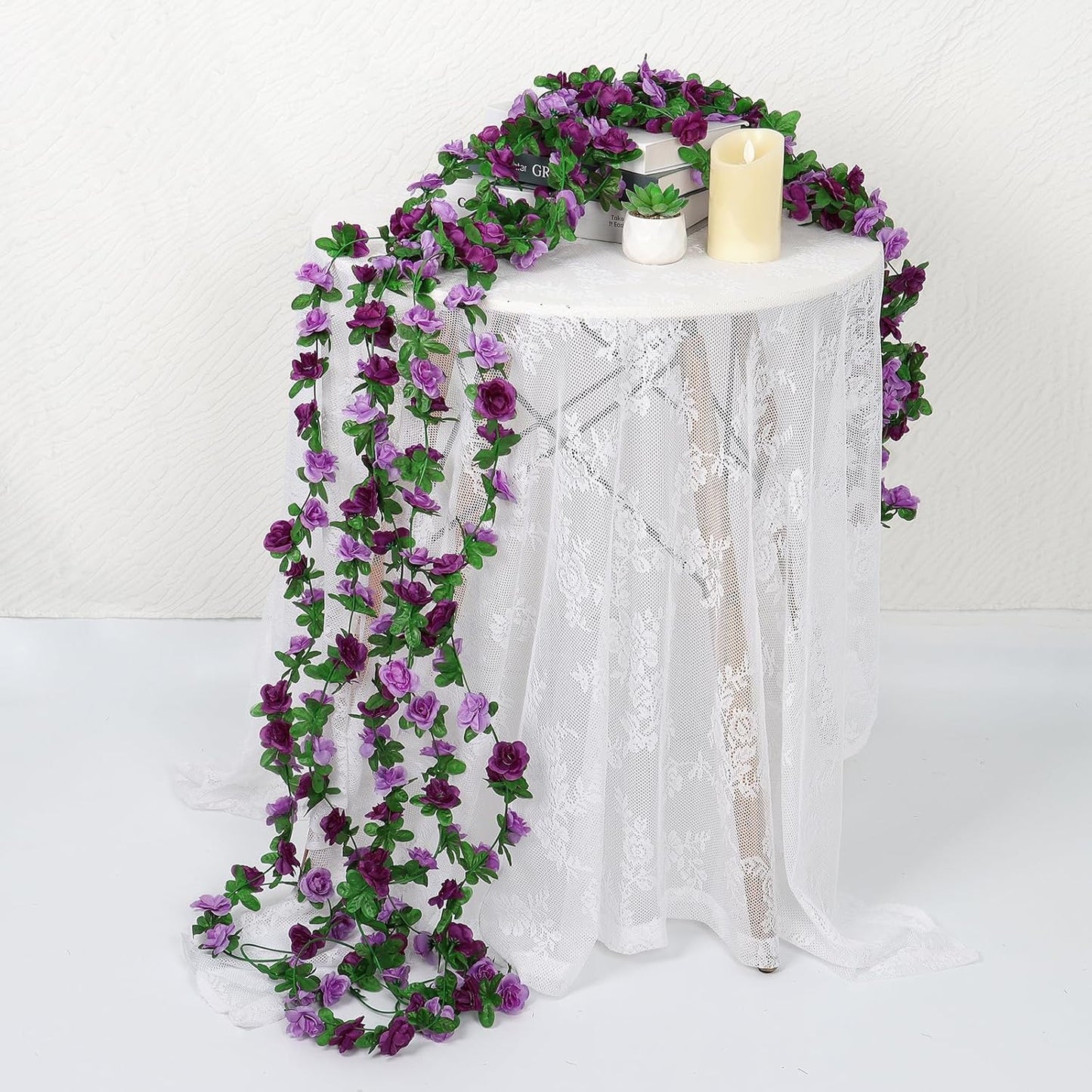 KHOYIME 18 Pack 144 FT Artificial Flower Garland, Fake Purple Roses Vines Silk Flowers Faux Plastic Outdoor Hanging Floral Ivy Garland Decoration for Wedding Arch Bedroom Home Wall Backdrop Room Decor