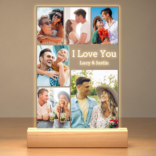 Custom Couple Picture Frames with Photos, Customized Acrylic Plaque Photo Frame with Night Light, Personalized Anniversary Birthday Gifts for Women Men Him Her Boyfriend Girlfriend