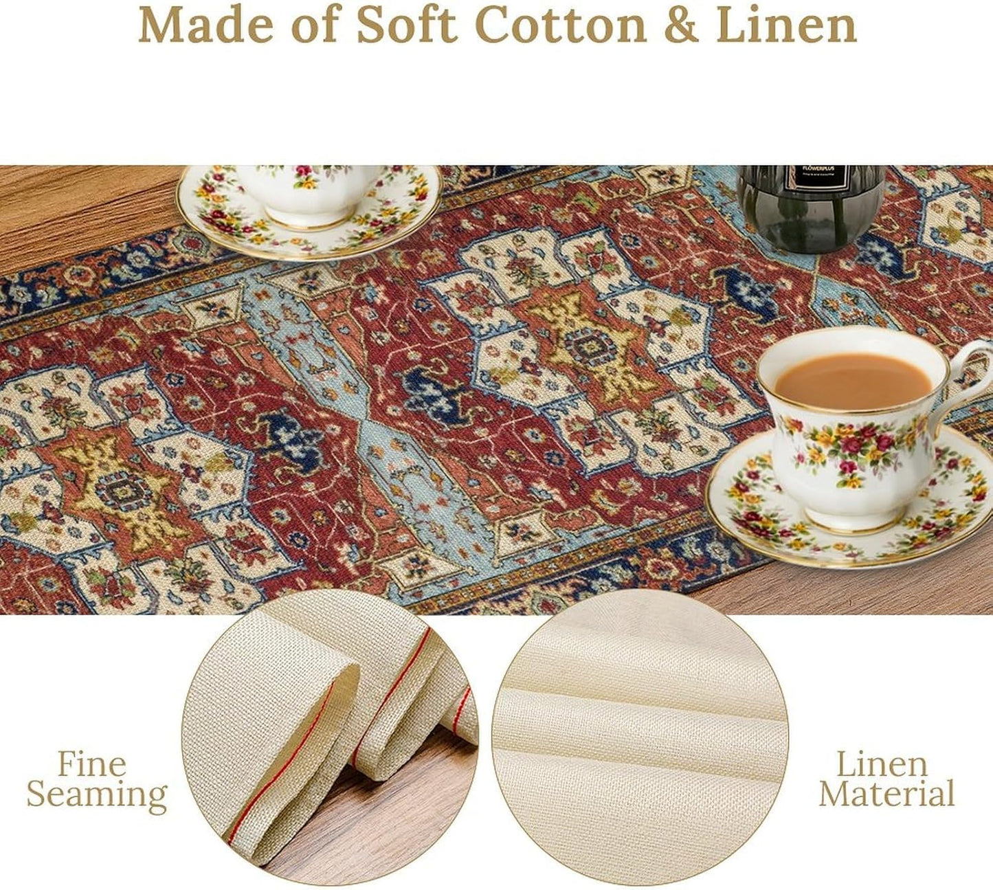 Vintage Boho Floral Table Runner, Rustic Country Farmhouse Red Blue Gold Retro Flower Pattern for Home Kitchen Table Decor Dining Coffee Room Party Decor 13x36in