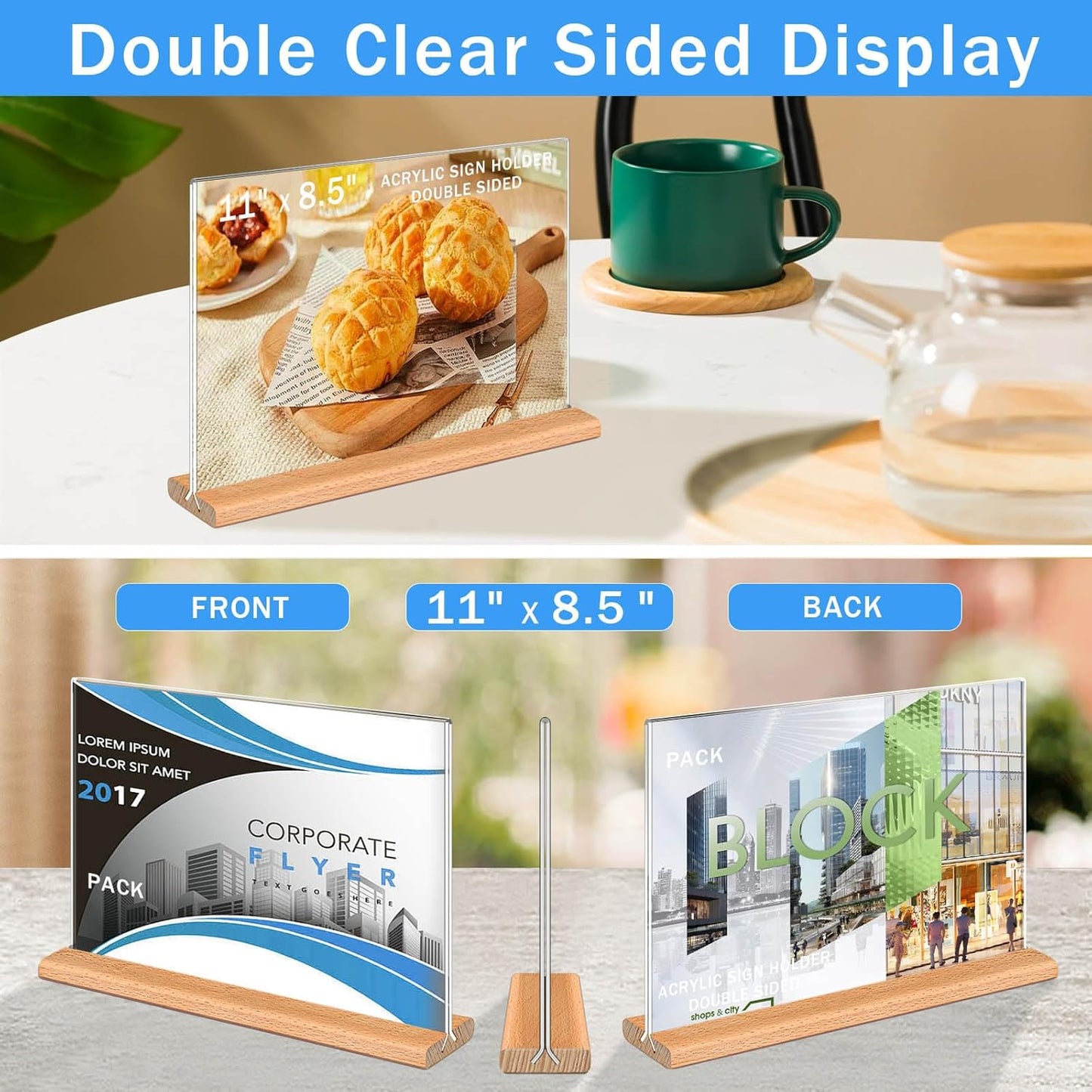 Kersally Acrylic Sign Holder 11 x 8.5'', 4 Pack Double-Sided Clear Table Display Stands with Wood Base,Horizontal Acrylic Frame Menu Flyer Paper Holder for Store, Restaurant, Hotel, Office, Show Fair