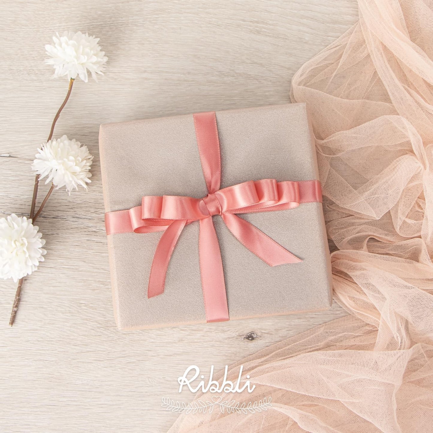 Ribbli Rose Gold Satin Ribbon 5/8 inch x Continuous 25 Yards,Double Faced Satin Use for Craft, Gift Wrapping, Christmas Ornaments, Hair Bows, Bouquet Bows