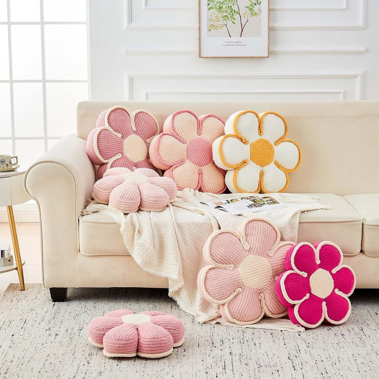 Flower Pillow, Soft Flower Decorative Throw Pillow, Cute Daisy Flower Shaped Seating Floor Cushion Room Décor Plush Pillows for Sofa Couch Bed (13.7 Inch, Pink)