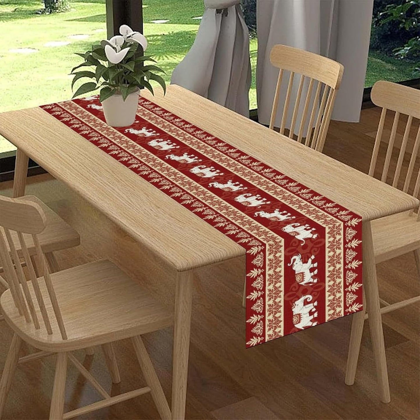 Boho Elephant Table Runner, Vintage Tribal Traditional African Animals Ethnic Folk Red Table Center Decor for Home Kitchen Dining Patio Holiday Party Indoor Outdoor Table Decorations, 13"x36" Inch