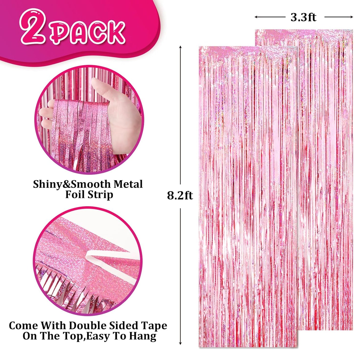 2 Pack 3.3x8.2 Feet Laser Pink Foil Fringe Backdrop Curtains, Tinsel Streamers Birthday Party Decorations, Fringe Backdrop for Graduation, Baby Shower, Gender Reveal, Disco Party