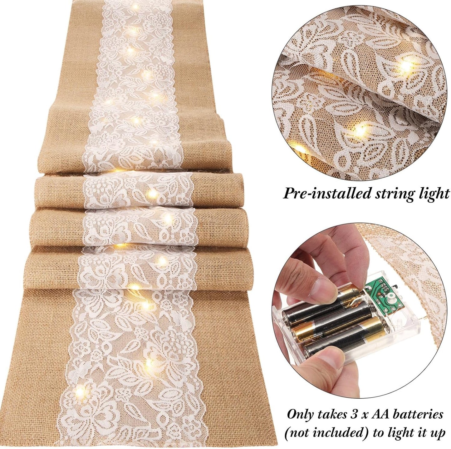 Xinnun 6 Pack Burlap Table Runner with LED String Lights, Modern Rustic Lace Natural Vintage Boho Jute Wedding Table Decor for Farmhouse Thanksgiving Christmas(Classic Style,12x108 Inches)