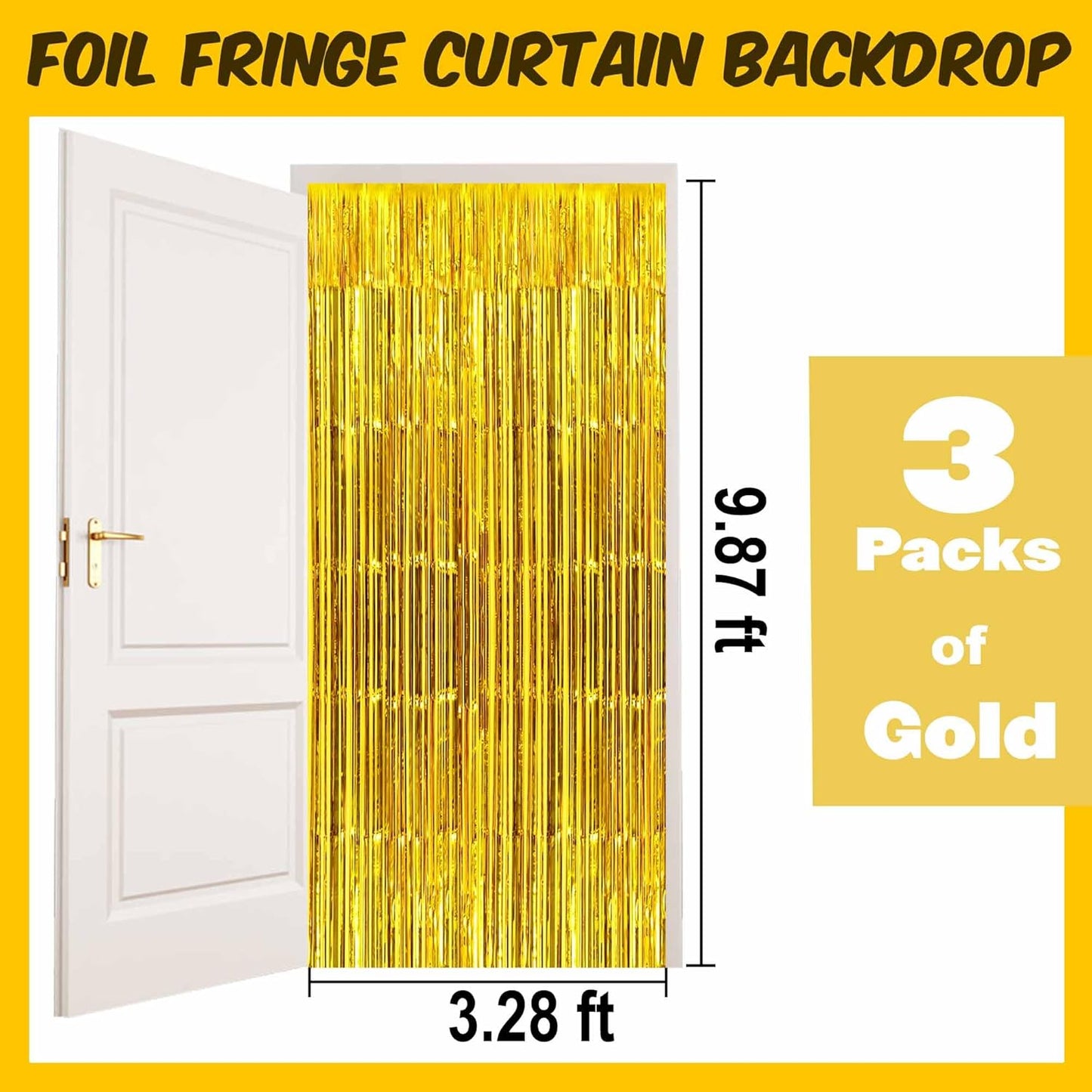 3 Pack Gold Foil Fringe Curtains Backdrop, 3.28 x 9.8 Ft Metallic Streamers Tinsel Curtains Background for Photo Booth, Birthday, Halloween, Christmas, Thanksgiving, New Year Party Decorations