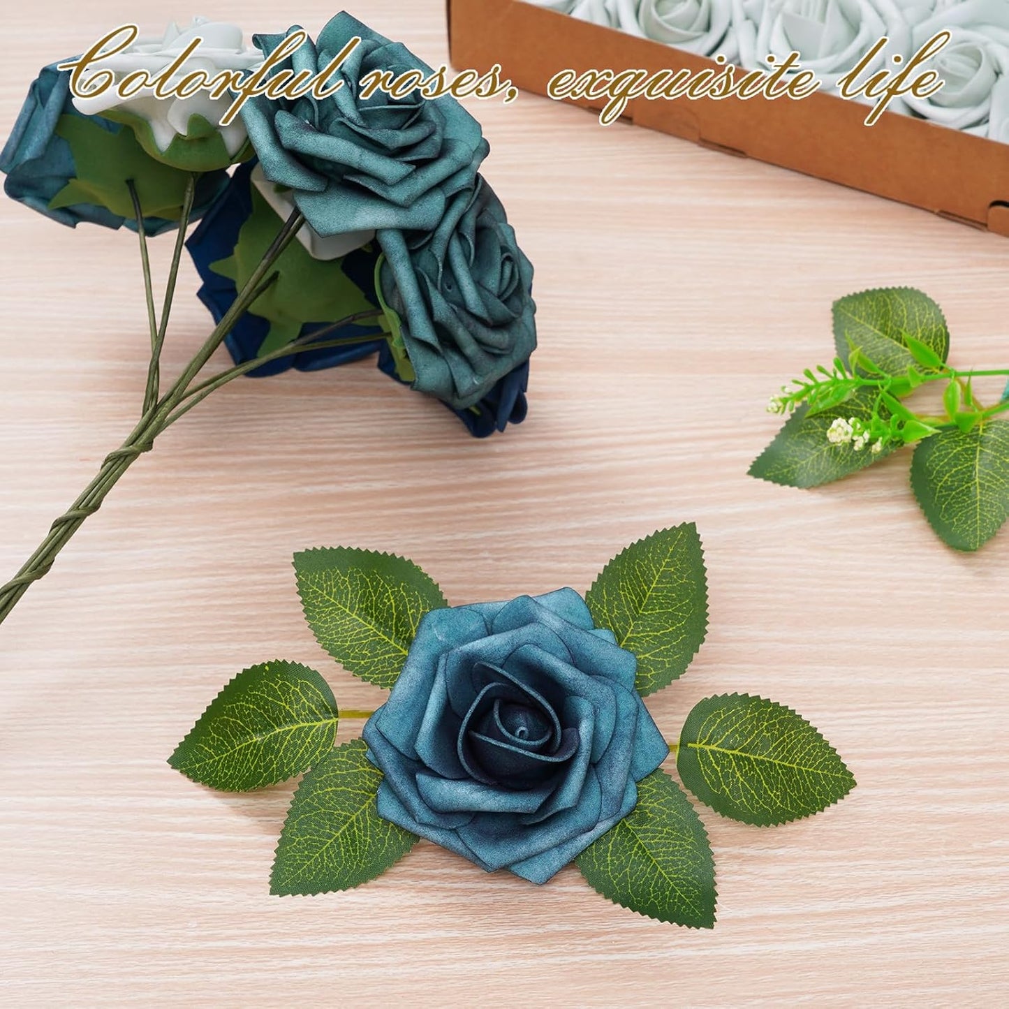 BLEUM CADE 36Pcs Artificial Flowers Fake Roses with Stems, Gradient Misty Blue Boxed Foam Roses for DIY Bouquets Centerpieces Wedding Party Arrangement Bridal Shower Decor