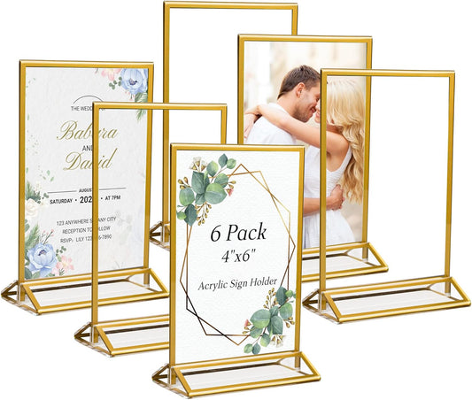 6 Pack Acrylic Sign Holder 4x6 Inches, Double-sided Picture Frames for Wedding Table Numbers Holders, Clear Menu Stand Table Top Display Sign Stand Flyer Holder Vertical Paper Holder,Gold Frames