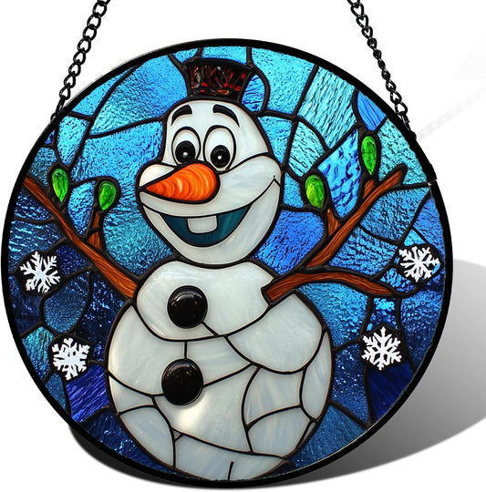 Stained Glass Window Hanging Christmas Funny Snowman 6.3" - Suncatcher Door Garden Blue White Snowflakes Sun Catcher New Year Birthday for Friend Mom Men Woman Nana