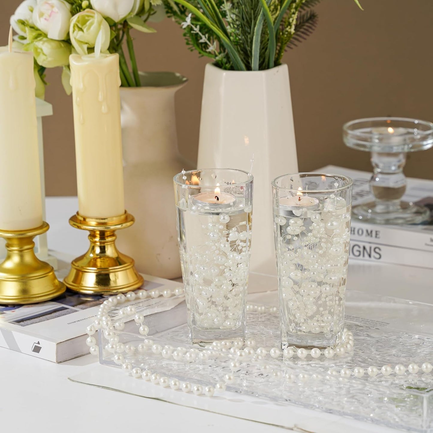 13Feet Pearl String Spool Roll for Floating Candles Faux Pearls Strands Garland for Vase Filler Wedding Centerpiece Christmas Table Decor (Ivory)