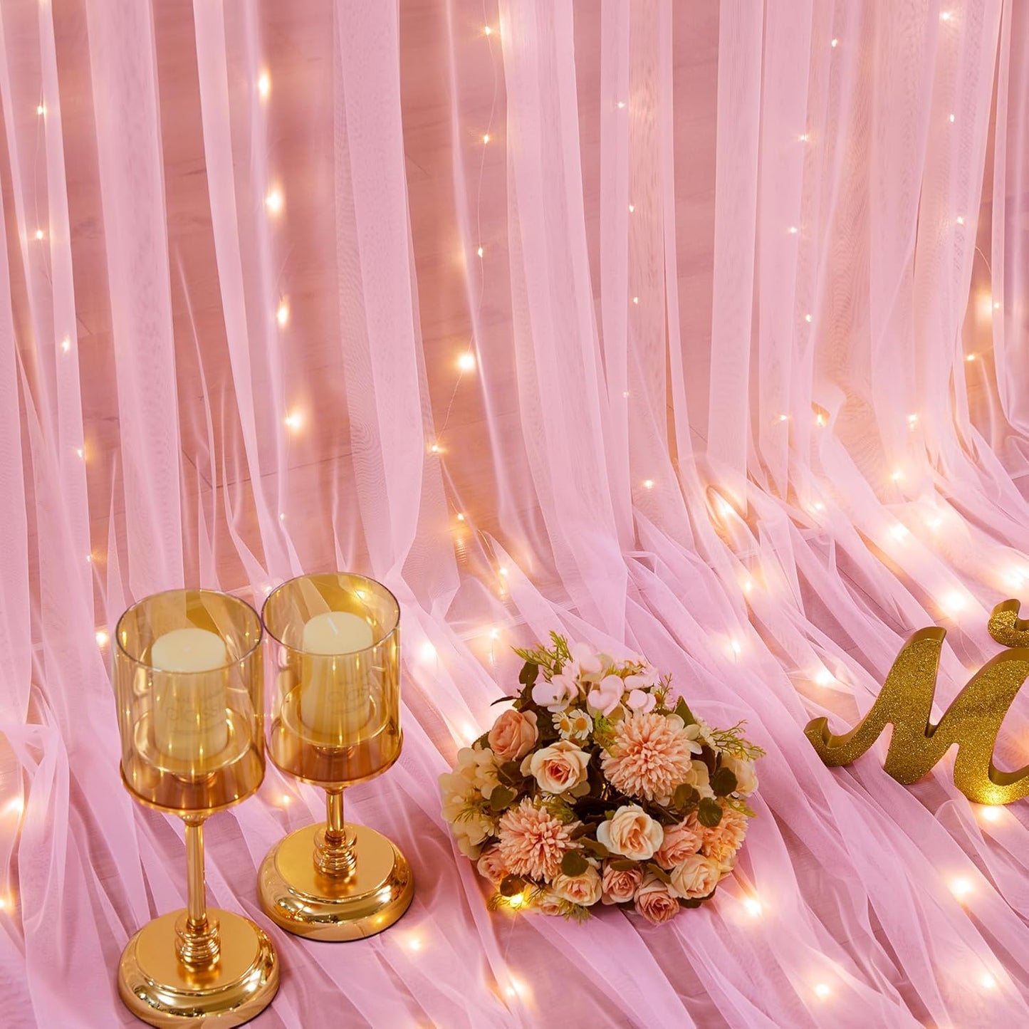 Sheer Backdrop Curtains with Lights String for Weddings Baby Showers, 10x8ft Sheer Tulle Photo Backdrop Curtains for Birthday Party Photography Background Decoration, Pink