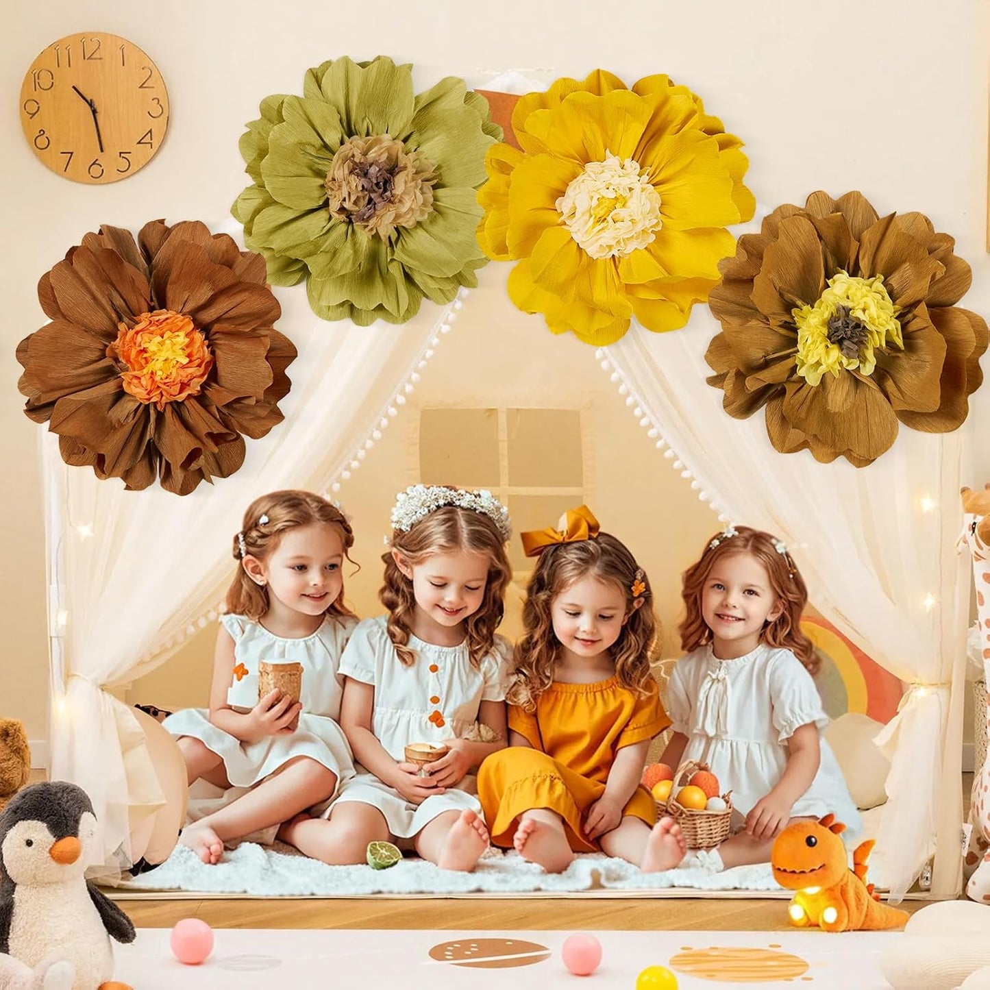 4 PCS 20" Brown Yellow Giant Paper Flowers Boho Baby Shower Party Decorations Thanksgiving Fall Autumn Large Tissue Pom Poms Neutral Floral Rustic Crepe Paper Flowers for Wall Birthday Wedding Garden