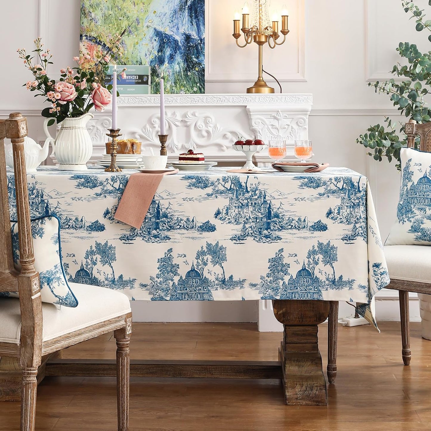 patdrea Designer Vintage Cyan Extra Long Tablecloth for Rectangle Table,Linen Ancient Castle and Manor Pattern Tablecloths,Decor for Kitchen Dining Christmas,Thanksgiving,67"x118"-Lucerne a
