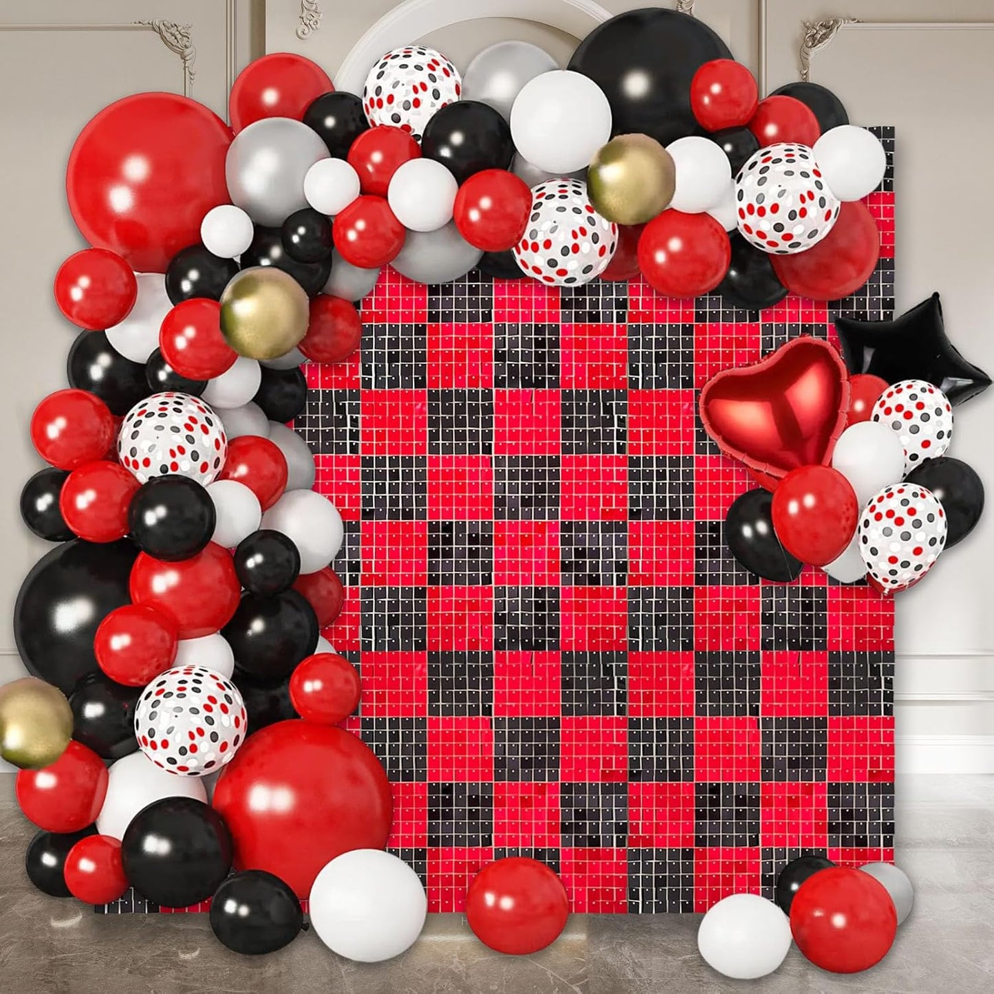 12PCS Black Red Shimmer Wall Backdrop, Square Sequin Photo Backdrops Panel, Glitter Wall Background for Birthdays, Weddings, Christmas, Halloween, Disco Bachelorette Party Decor (3FTx4FT)