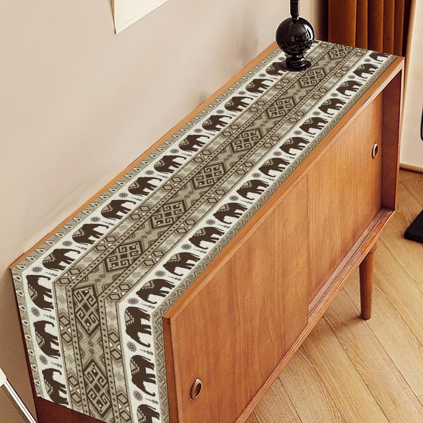 Ethnic Table Runner, Rustic Farmhouse Boho Indian Bohemian Elephant Aztec Tribal Print Beige Table Center Decor for Home Kitchen Dining Patio Holiday Party Indoor Table Decorations, 13"x36" Inch