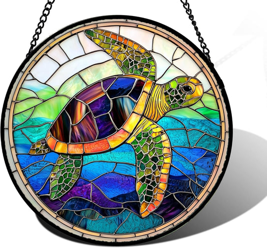 Stained Glass Window Hanging, Colored Turtle Ocean Suncatcher Diamond Glass Panel Hangings Marine Life Sun Catchers Decor for Birthday for Women, Men, Wife, Aunt, Mom 9.8 in