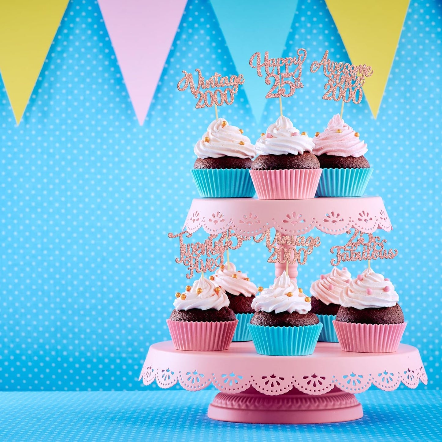 30Pcs Vintage 2000 Cupcake Toppers Glitter Twenty-Five 25 Fabulous Happy 25th Birthday Cupcake Picks Awesome Since 2000 Cake Decorations for 25th Birthday Retirement Party Supplies Rose Gold