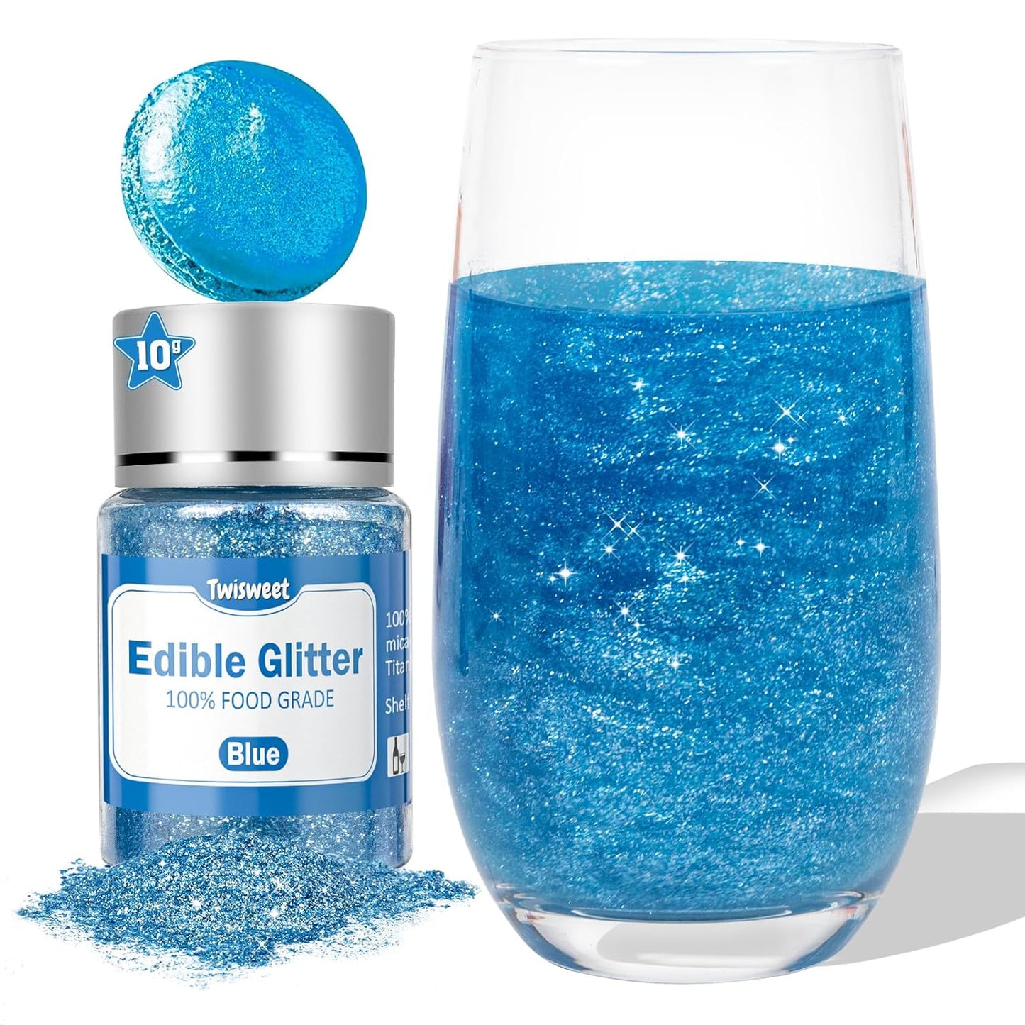 Twisweet Blue Edible Glitter for Drinks, Food Grade 10g Sparkling Sprinkles Cake Decorating Supplies, Edible Luster Dust for Cocktail Beverages, Food Coloring Shimmer Powder for Cupcakes Cookies Cake Decorations