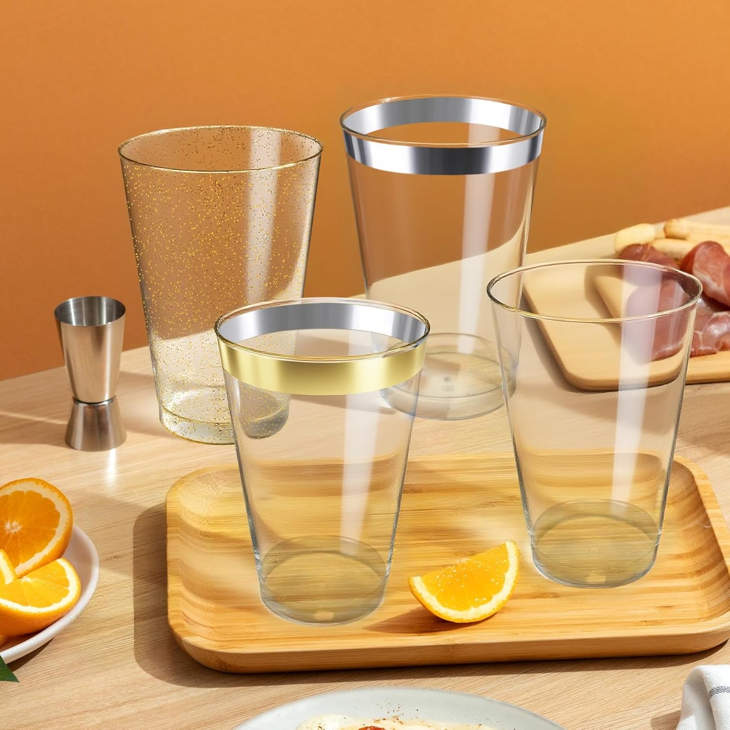 [100 Pack] 12oz Plastic Cups with Gold Glitter Sturdy & Food Safe Plastic Wine Glasses Disposable Cups Wedding Cups Party Cups Drinking Tumblers for Wine, Cocktails and Cold Beverages