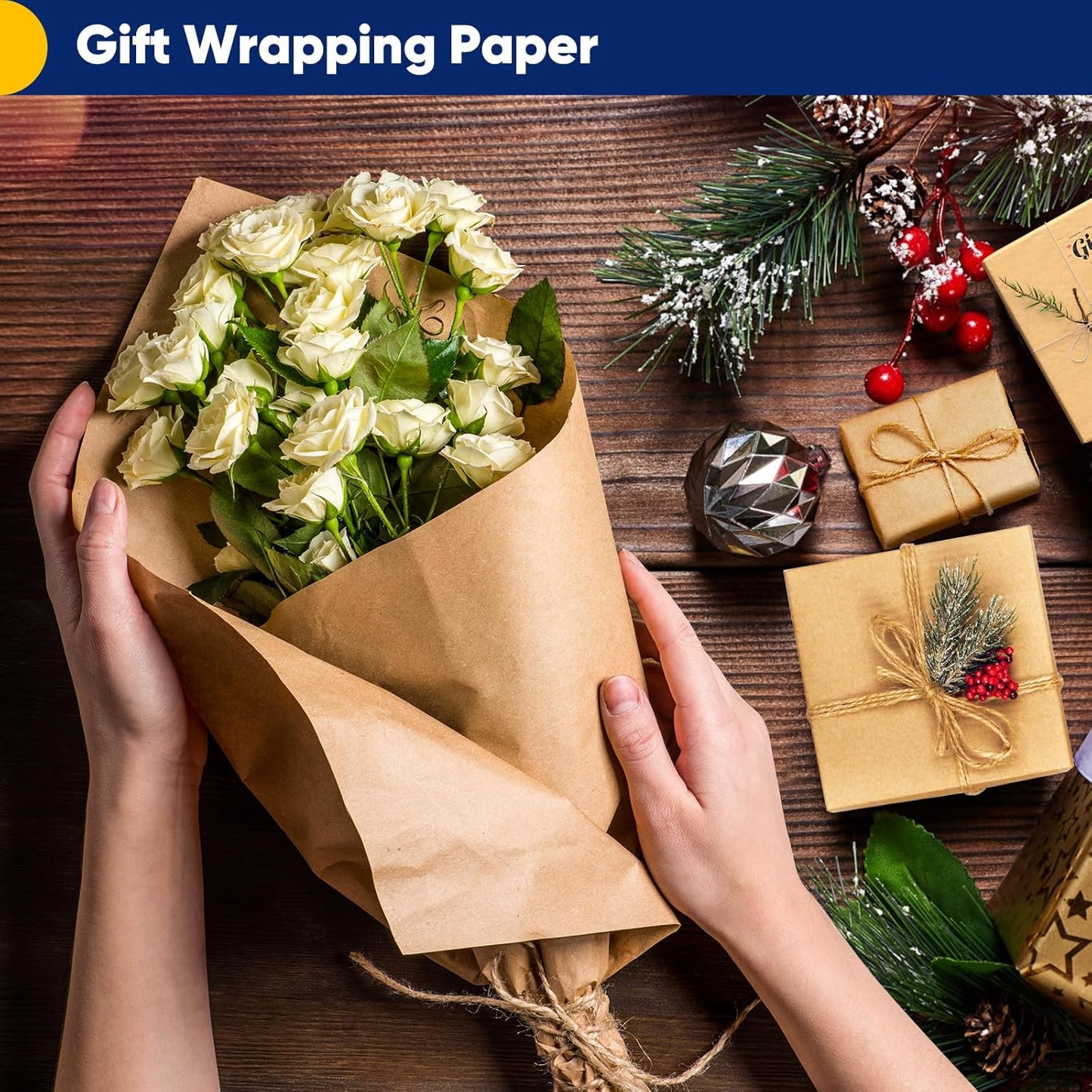 Vanhench 17.5" x 3600" (300') Brown Kraft Paper Roll, Color Art Kraft Craft Paper for Bouquet Flower Birthday Wrapping Crafts Packing, Poster Bulletin Board Paper Floor Covering Table Runner