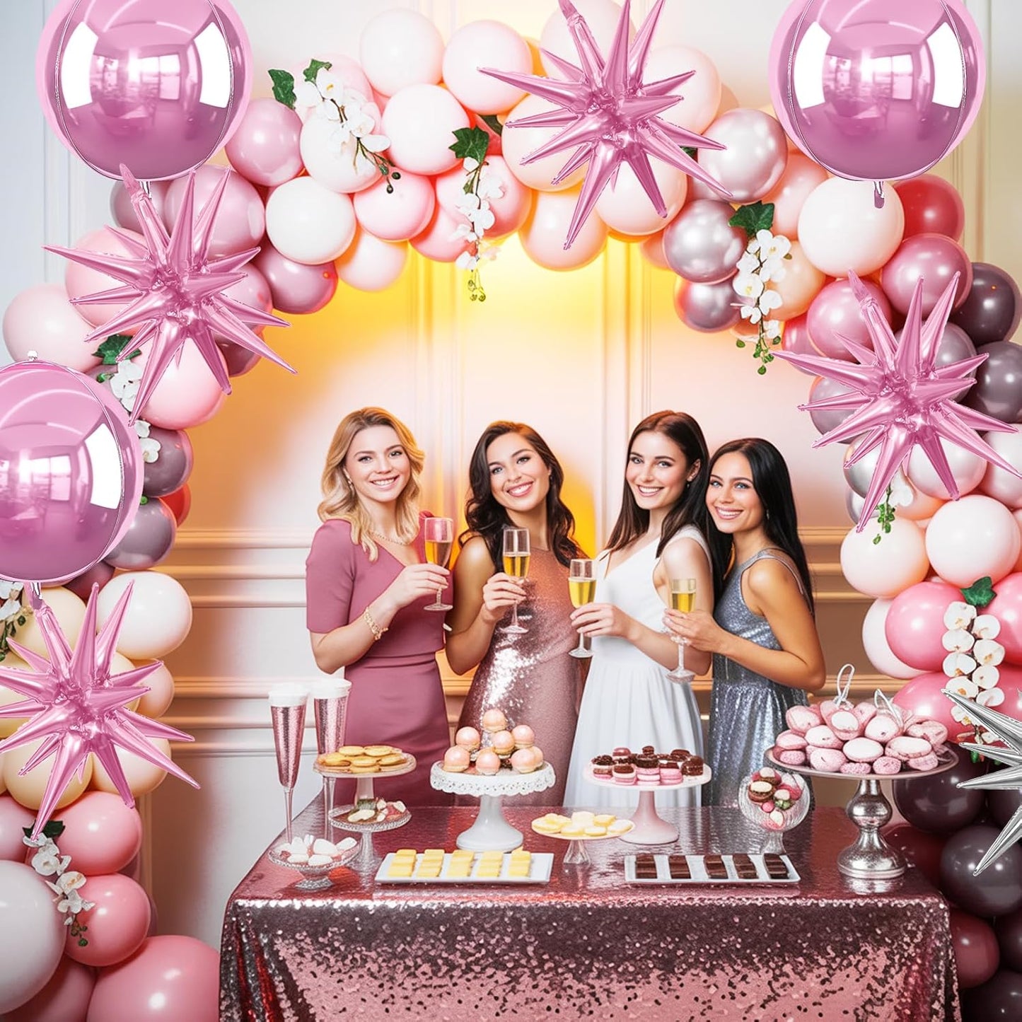 6Pcs Pink Foil Balloons,22Inch Light Pink 4D Round Ball Balloon and Explosion Star Balloon for Birthday Wedding Baby Shower Anniversary Decorations