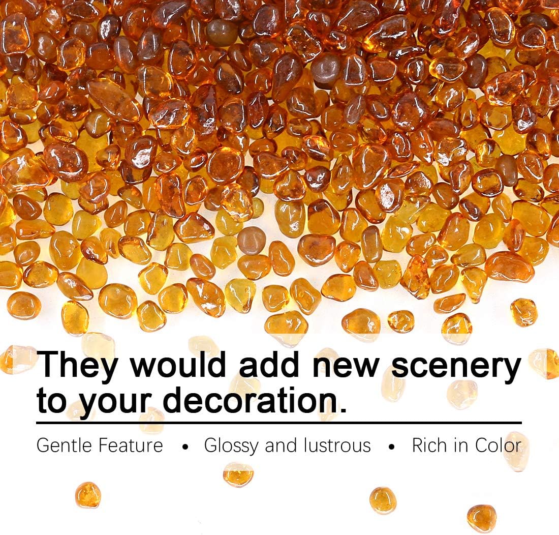 Hilitchi Glass Stones Non-Toxic Beautiful Smooth Vibrant Colors Vase Filler, Table Scatter, Aquarium Fillers, Gems Displaying, Gem Glass Confetti [Amber Stone Aprox. 1lb(455g)/Bag]