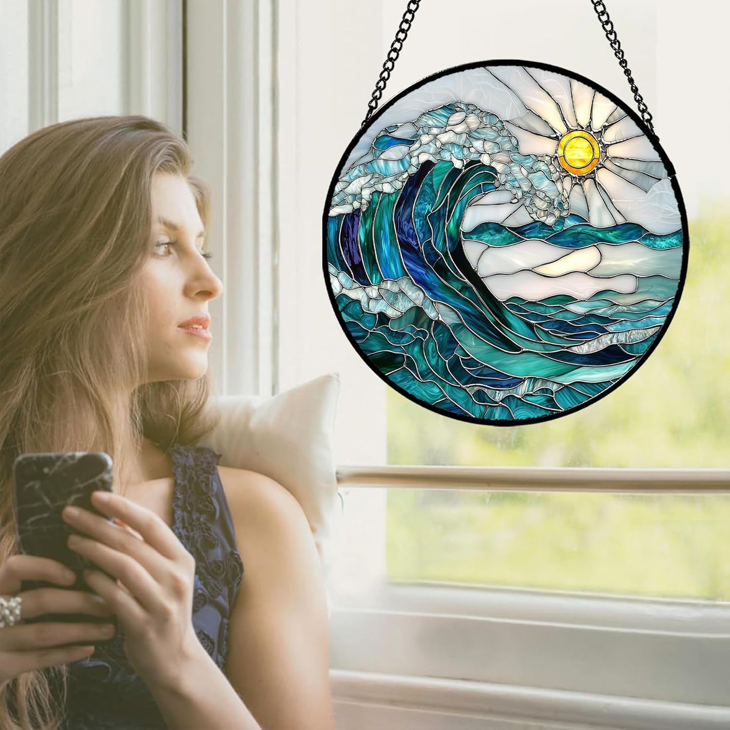 Stained Glass Window Hanging - Blue Green Waves Suncatcher for Door Terrace Garden Home Decor Sunrise Over The Sea Sun Catcher Birthday Gifts for Lovers Women Men Dad Mom Nana 11.8 in