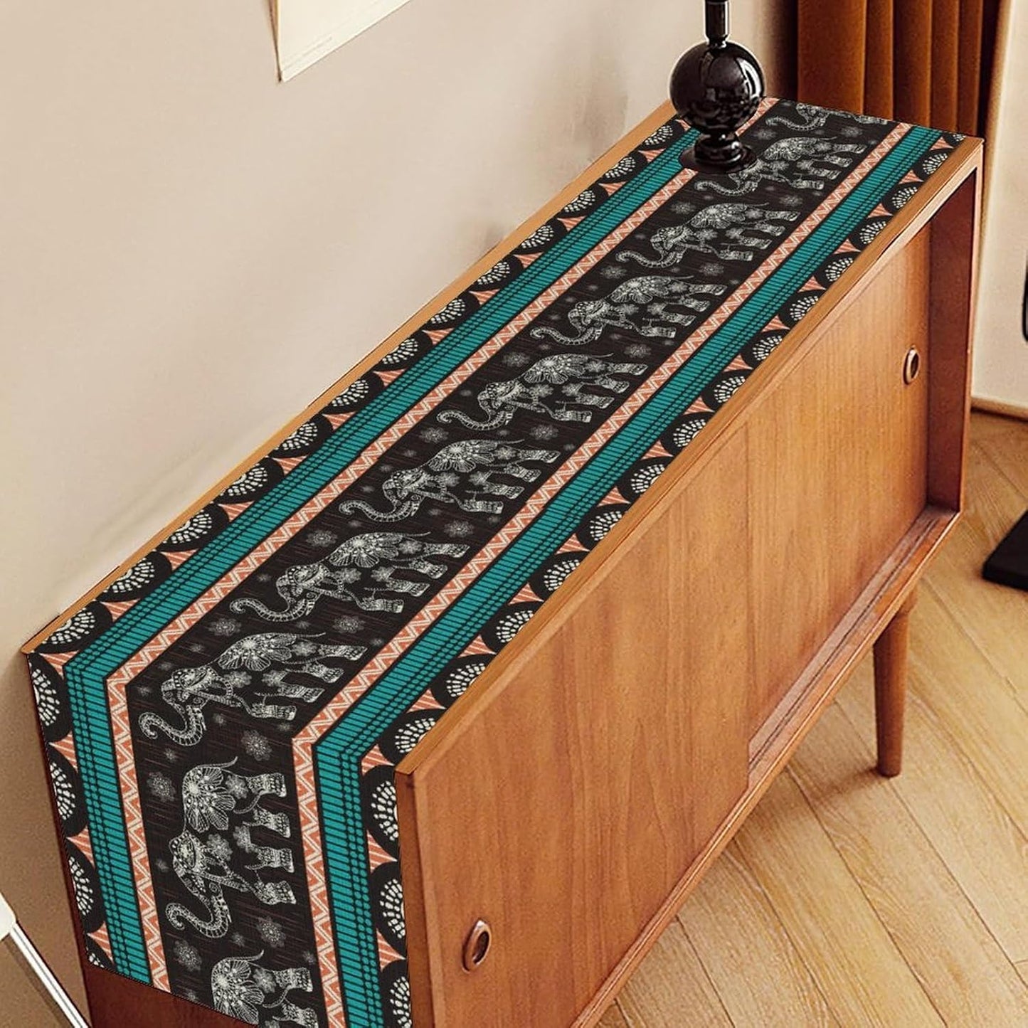 Boho Elephant Table Runner, Vintage Tribal Traditional Bohemian African Animals Ethnic Folk Table Center Decor for Home Kitchen Dining Patio Holiday Party Indoor Table Decorations, 13"x36" Inch