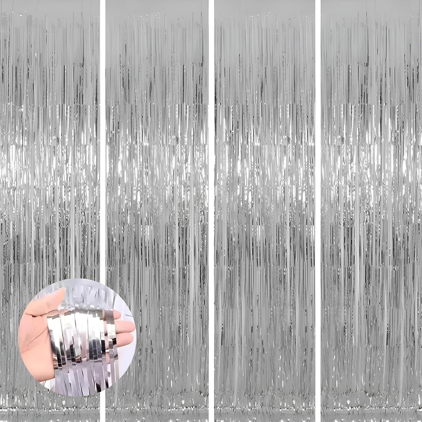 Keyali 4 Pack 3.3 * 8.3 ft Foil Curtain Metallic Tinsel Fringe Curtains Photo Booth Props Backdrop for Birthday Wedding Engagement Baby Shower Christmas Holiday Celebration Partyl,Silvery