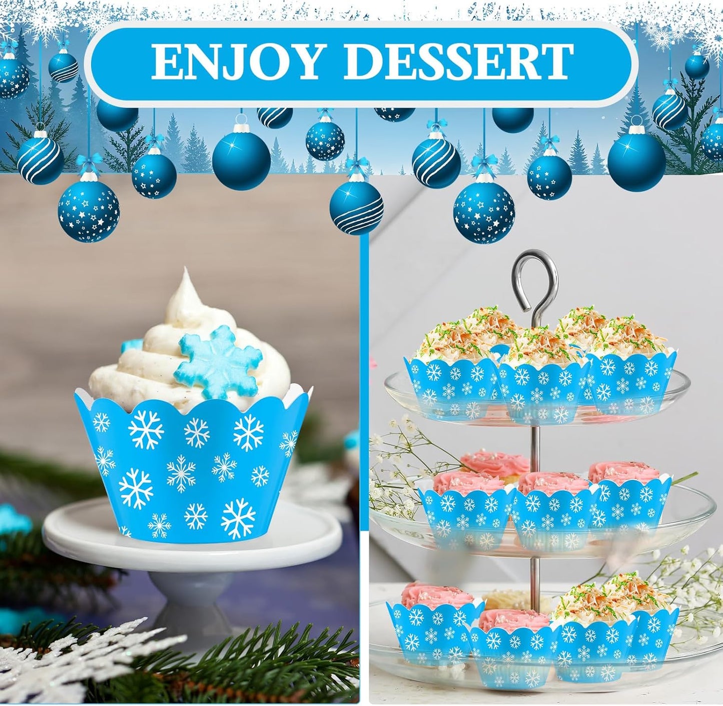 Domensi 100 Pcs Snowflake Cupcake Wrappers Blue Cupcake Liners Christmas Blue Snowflake Baking Cups Baking Liners for Winter Xmas Wedding Bridal Baby Shower Birthday Party Supplies Dessert Decoration
