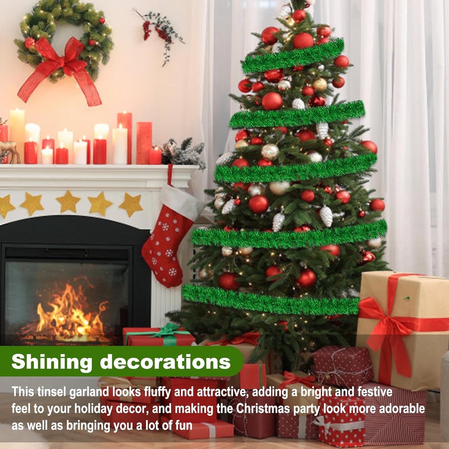 25 Feet Green Christmas Tinsel Garland, Metallic Foil Twist Garland Wall Hanging Tinsel Banner Backdrop for Parade Floats, Easter, Mother's Day, Birthday Party Decorations (4in x 25ft)